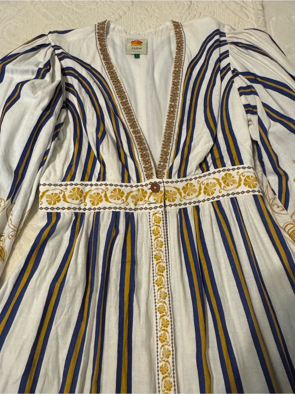 Gorgeous Farm Rio Boho Striped Maxi Dress in White, Navy & Mustard - Picture 3 of 5
